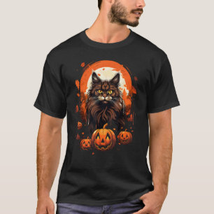 Camiseta Día de brujas Lindo gato Maine Coon Calabaza Espel