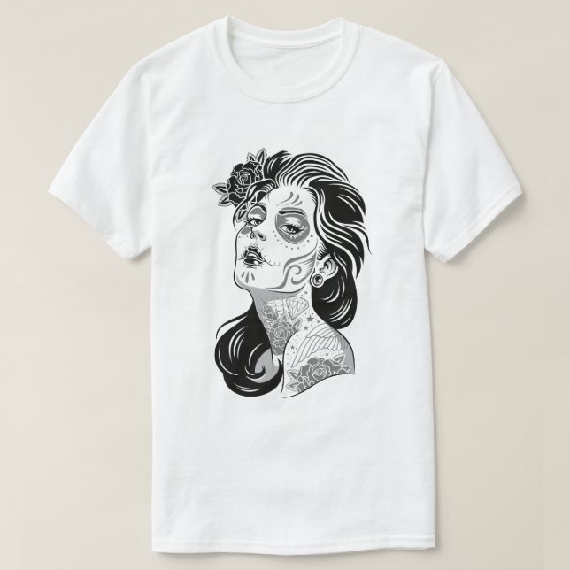 Camiseta Día de chica atractivo muerto con los rosas (Diseño del anverso)