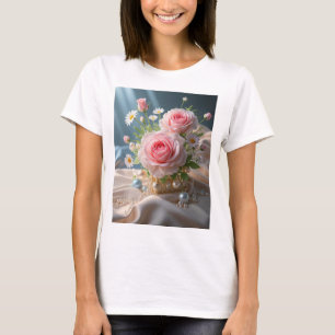Camiseta Día de la Madre Rosas rosadas y margaritas blancas