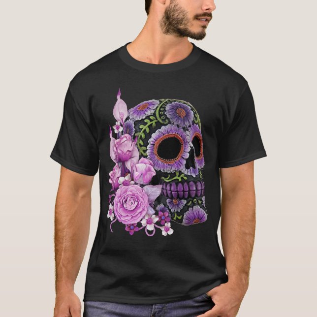 Camiseta Día De La Muerte Del Cráneo De Azúcar Negro De Flo (Anverso)