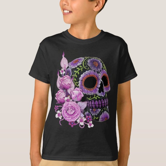 Camiseta Día De La Muerte Del Cráneo De Azúcar Negro De Flo (Anverso)