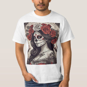 Camiseta Día de la mujer muerta con Rosas y cráneos