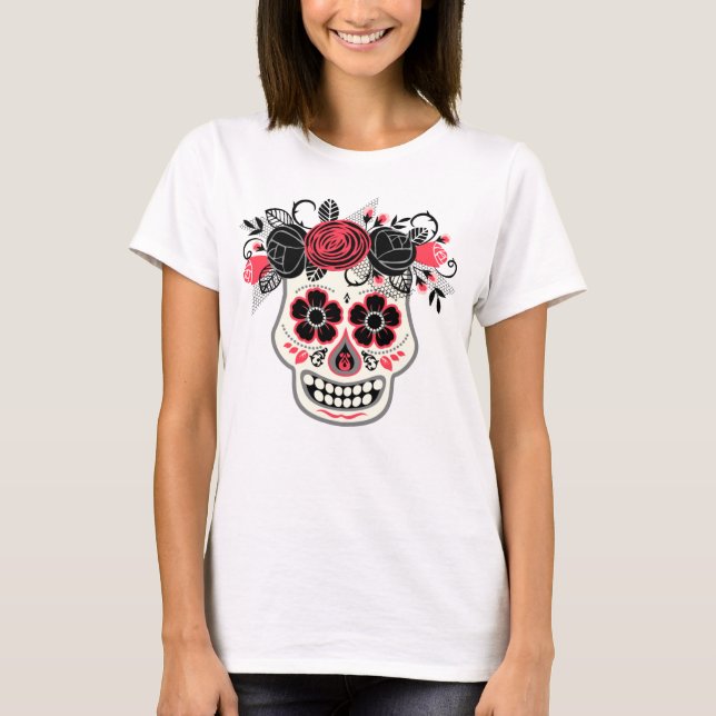 Camiseta Día de los Muertos Calavera de Azúcar con Rosas Ne (Anverso)