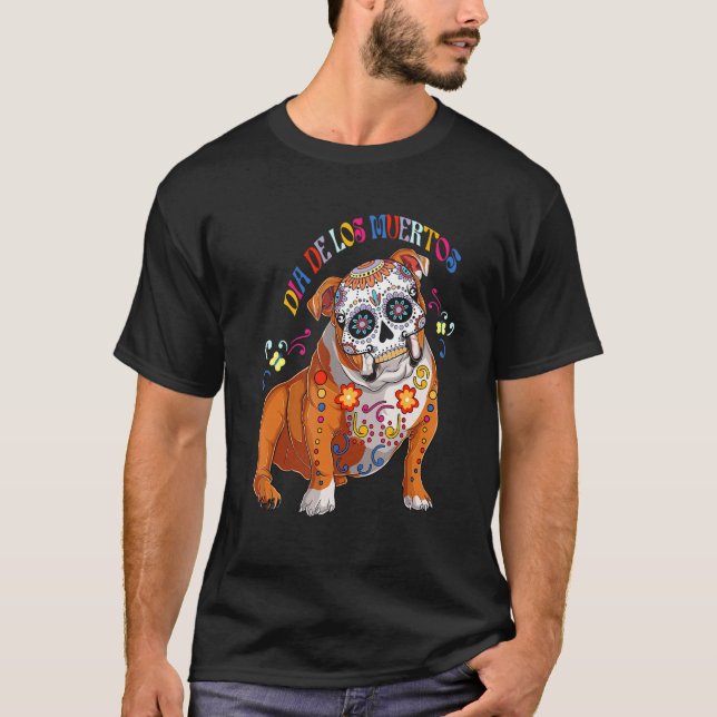 Camiseta Dia De Los Muertos English Bulldog Floral Skull Fa (Anverso)