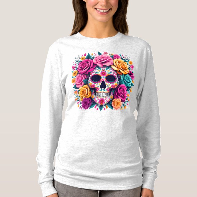 Camiseta Día de los Muertos Floral Sugar Skull Art (Anverso)