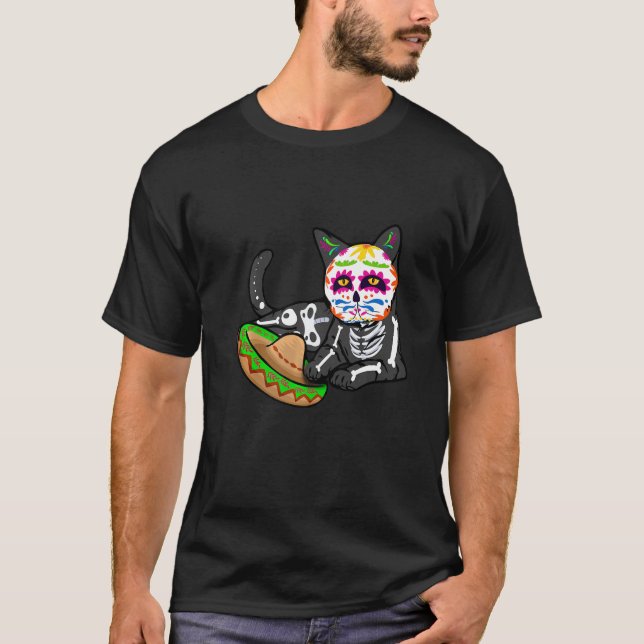 Camiseta Dia De Los Muertos  for Men Cute Flower Cat Sugar  (Anverso)