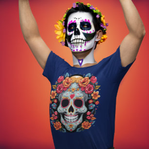 Camiseta Día de los Muertos o Cráneo de Azúcar Azul de Hall