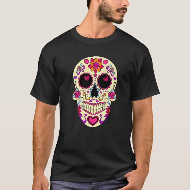 Camiseta Dia De Los Muertos Pink Hearts Mask Skull Premium (Anverso)