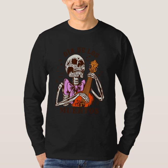 Camiseta Dia De Los Muertos Skeleton Colourful Bow Music Gu (Anverso)