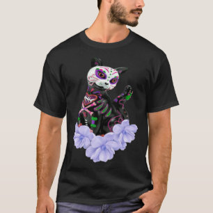Camiseta Día de Muertos Gato de Cráneo de Azúcar Flores Pur