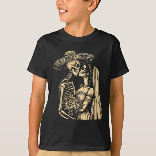 Camiseta Dia De Muertos Pareja de Cráneo de Azúcar Skeleton (Anverso)