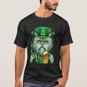 Camiseta Día de San Patricio Gato Duende Cerveza Cigarro Fu