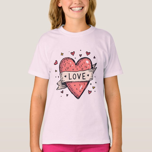 Camiseta Día de San Valentín Corazón Antiguo Doodle Amor (Anverso)