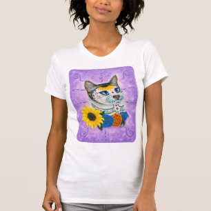 Camiseta Día del arte muerto del gato del cráneo del azú