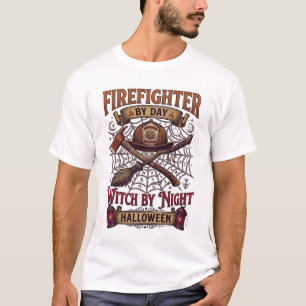 Camiseta Día del Bombero Bruja Noche Halloween Casco Hacha