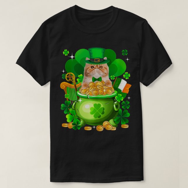 Camiseta Día del Gato Persa Oro Pot Shamrock St Patricks (Diseño del anverso)