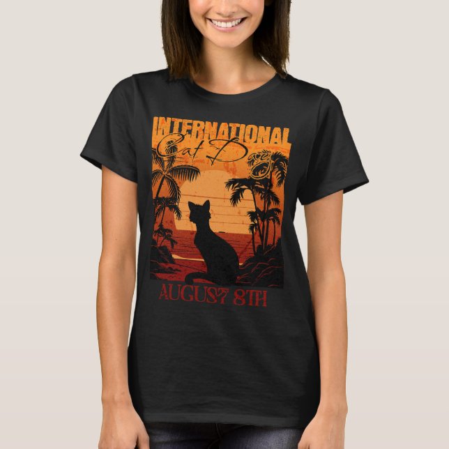 Camiseta Día Internacional del Gato Retro Sunset (Anverso)