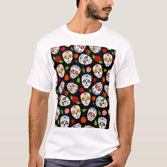 Camiseta Dia Los Muertos: patrón de cráneos de azúcar. (Anverso)