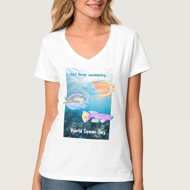 Camiseta Día Mundial del Océano Pescado Seguir Nadando (Anverso)