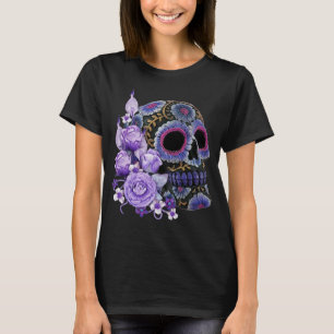 Camiseta Día negro floral púrpura del cráneo del azúcar de