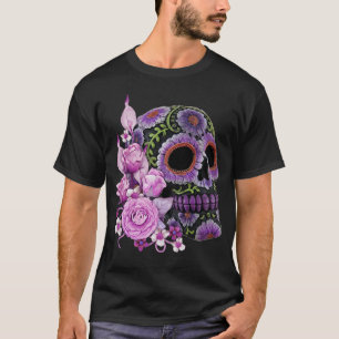 Camiseta Día negro floral rosado del cráneo del azúcar de