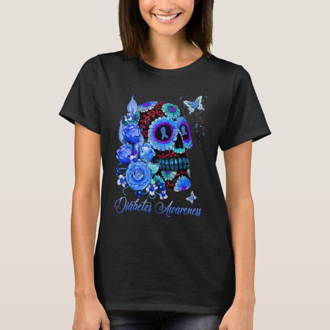Camiseta Diabetes Awareness Skull Blue Ribbon Rose Butterfl (Anverso)
