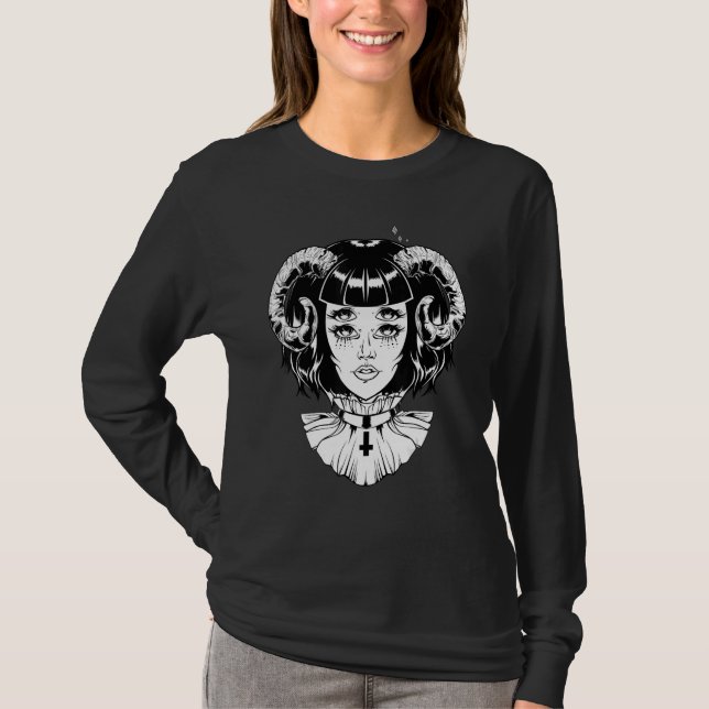 Camiseta Diablo Cornudo Satánico Halloween Glitch Goth Emo  (Anverso)