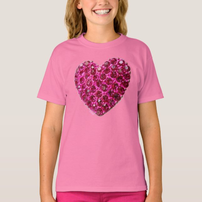 Camiseta diamante de imitación rosa ama chicas de corazón c (Anverso)