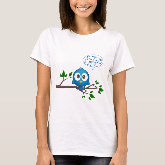 Camiseta Dibujo animado azul lindo del pájaro del gorjeo en (Anverso)