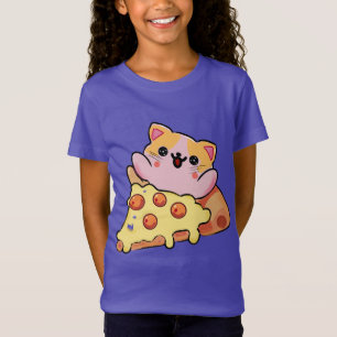 Camiseta Dibujo animado de gato Kawaii abrazando pizza de p