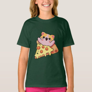 Camiseta Dibujo animado de gato Kawaii abrazando pizza de p