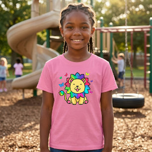 Camiseta Dibujo animado de león Kawaii sonriente con maripo