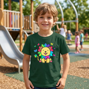 Camiseta Dibujo animado de león Kawaii sonriente con maripo