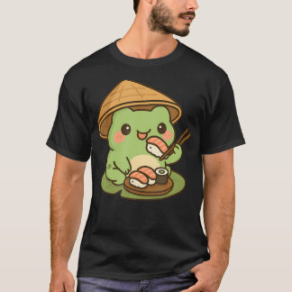 Camiseta Dibujo Animado de Rana Lindo Comiendo Sushi