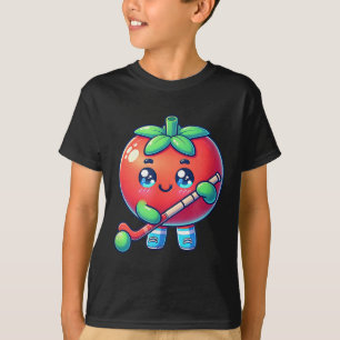 Camiseta Dibujo Animado de Tomate Lindo Jugando Hockey sobr