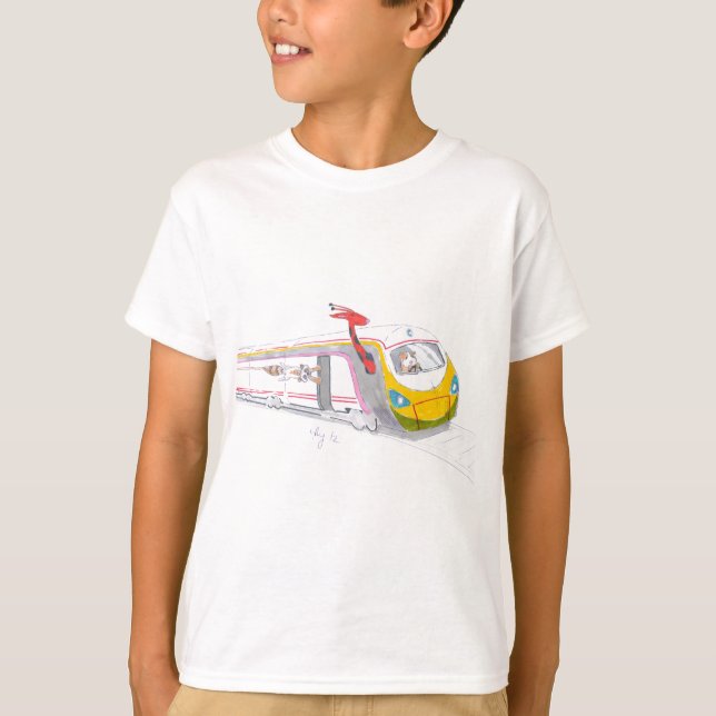 Camiseta dibujo animado del tren de alta velocidad y jirafa (Anverso)