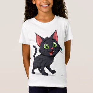 Camiseta Dibujo animado Feliz Gato Negro Con Ojos Verdes