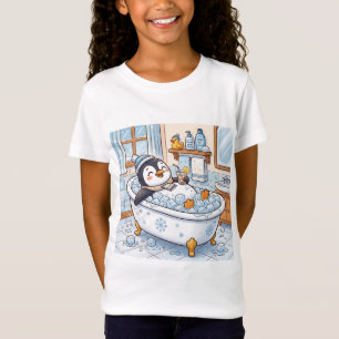 Camiseta Dibujo Animado Lindo Pingüino Feliz Tomando un Bañ