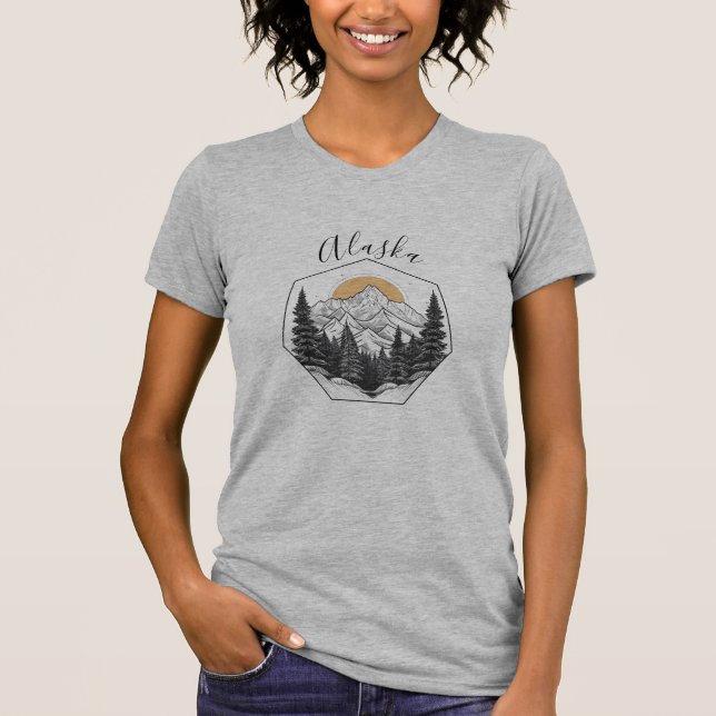 Camiseta Dibujo de arte de la línea de montaña Alaska (Anverso)