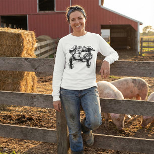 Camiseta Dibujo de cabeza de cerdo granja animal en blanco 