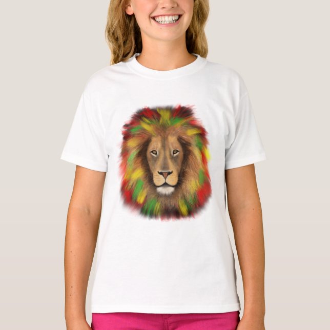 Camiseta Dibujo de cabeza de león Rasta rojo amarillo verde (Anverso)