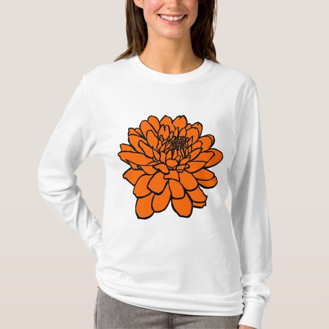 Camiseta Dibujo de crisantemo - Negro y Naranja (Anverso)