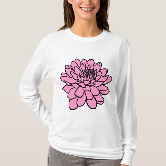 Camiseta Dibujo de crisantemo - Negro y rosa (Anverso)