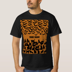 Camiseta Dibujo de Gato Negro y Murciélago de Halloween par