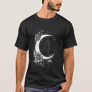 Camiseta Dibujo de gato sentado en flores de luna creciente