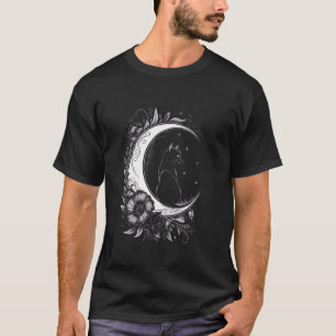 Camiseta Dibujo de gato sentado en flores de luna creciente