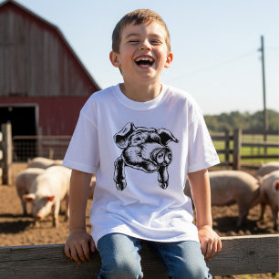 Camiseta Dibujo de granja animal cabeza de cerdo en blanco 