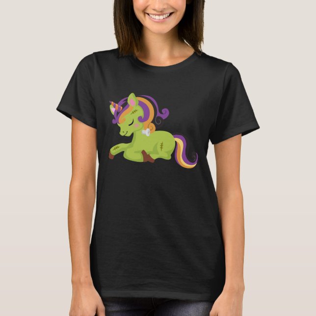 Camiseta Dibujo de Halloween de Cute Frankenstein Unicorn (Anverso)