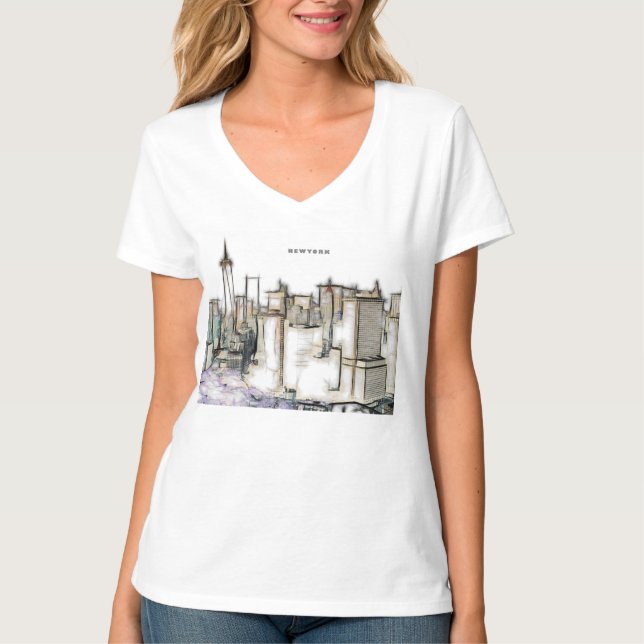 Camiseta Dibujo De La Ciudad De Newyork En El Skyline Blanc (Anverso)