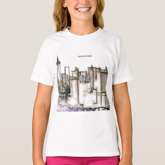 Camiseta Dibujo De La Ciudad De Newyork En El Skyline Blanc (Anverso)